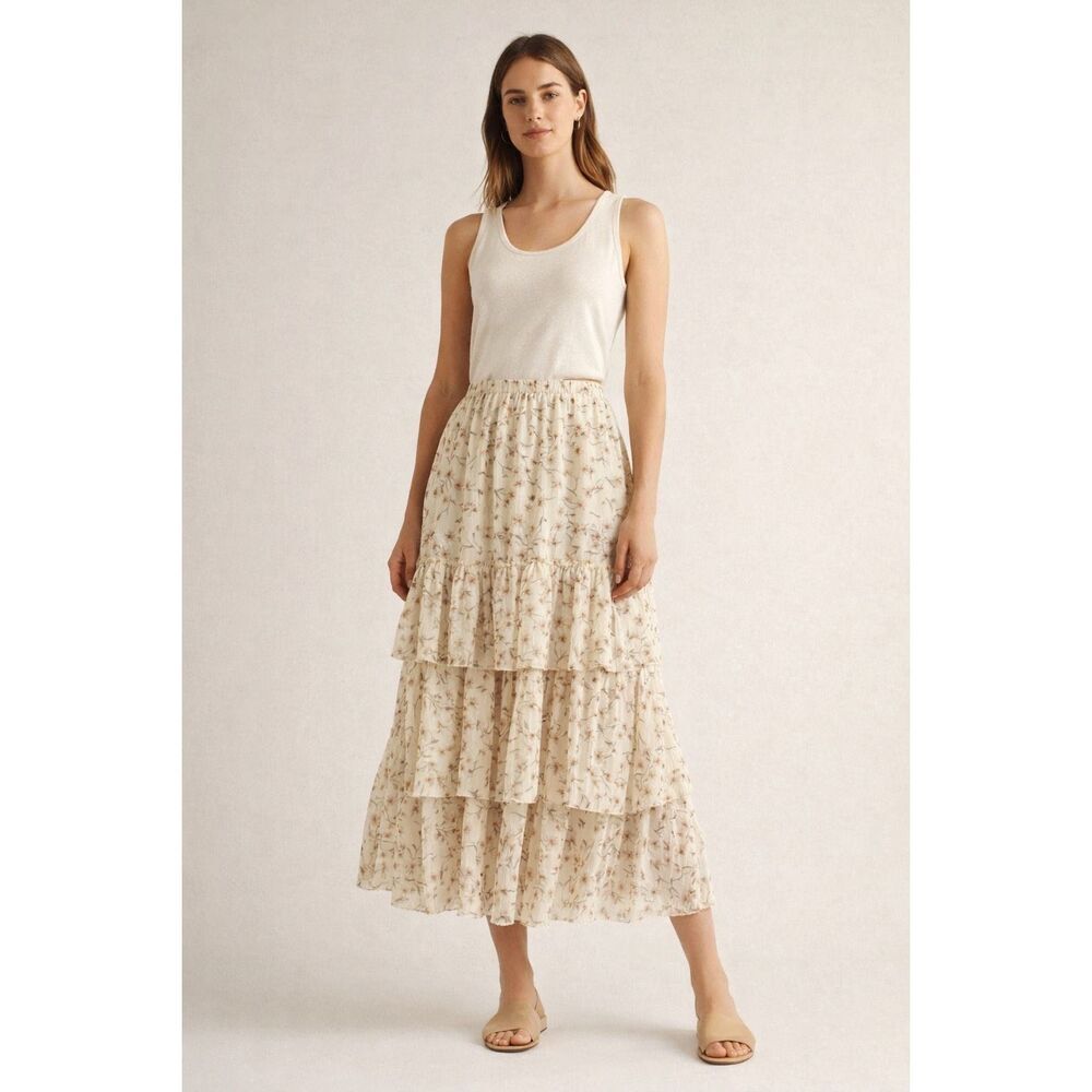 H&M Floral Tiered Midi Skirt Cream Boho Cottagecore Womens S